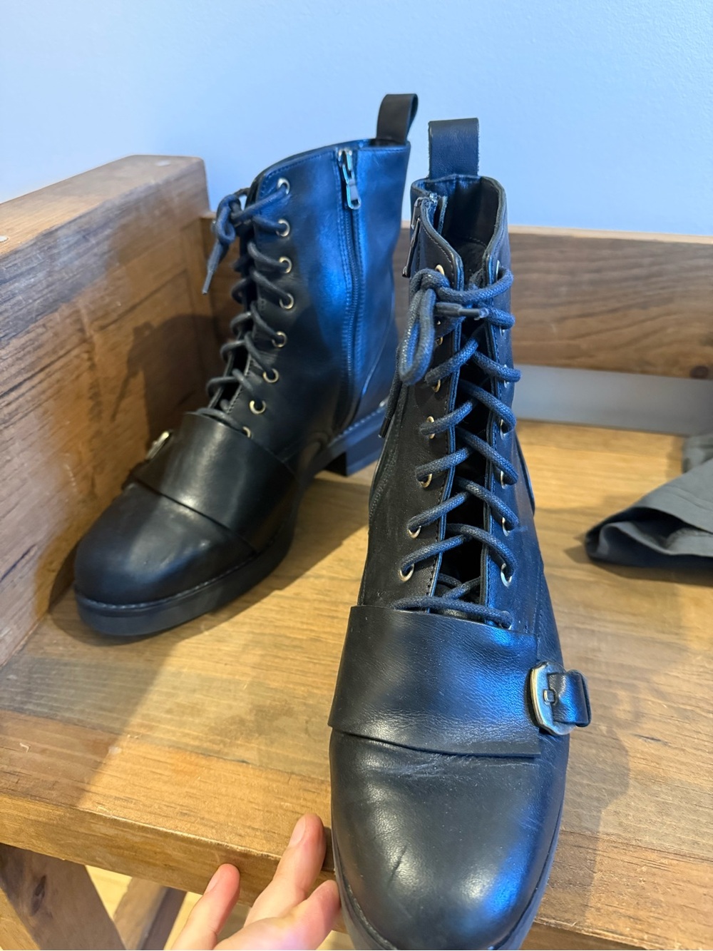 Women's Black Lace-Up Combat Boots with Buckle Accent
